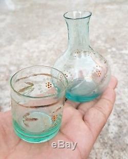 1910's ANTIQUE SCARCE UNIQUE HAND PAINTED GLASS TEQUILA SHOT MINI TUMBLER & POT