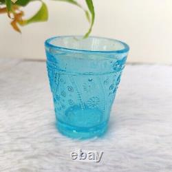 1930s Vintage Blue Glass Tequila Shot Tumbler Floral Design Barware Collectible