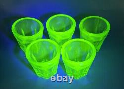 1930s Vintage Set of 5 Green UV Glass Tequila Shot Tumblers Barware 2 Tall