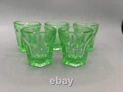 1930s Vintage Set of 5 Green UV Glass Tequila Shot Tumblers Barware 2 Tall