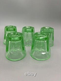 1930s Vintage Set of 5 Green UV Glass Tequila Shot Tumblers Barware 2 Tall