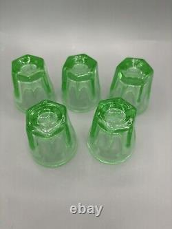 1930s Vintage Set of 5 Green UV Glass Tequila Shot Tumblers Barware 2 Tall