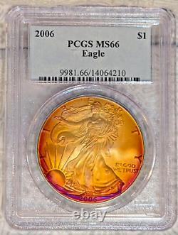 2006 PCGS MS66 Monster Rainbow Toned Silver Eagle One Oz Tequila Sunrise Colors