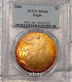 2006 PCGS MS66 Monster Rainbow Toned Silver Eagle One Oz Tequila Sunrise Colors