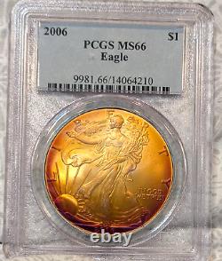 2006 PCGS MS66 Monster Rainbow Toned Silver Eagle One Oz Tequila Sunrise Colors