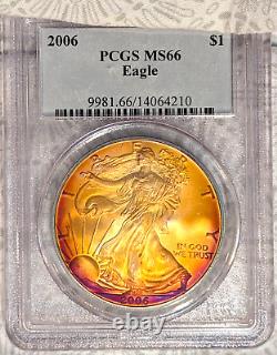 2006 PCGS MS66 Monster Rainbow Toned Silver Eagle One Oz Tequila Sunrise Colors
