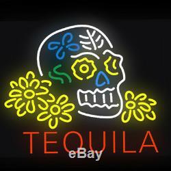 24x20TEQUILA Skull Neon Sign Light Tiki Bar Bistro Wall Decor Handcraft Art