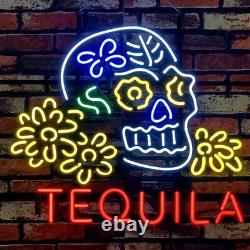 24x20 Tequila Sugar Skull Neon Light Sign Real Glass Gift Bar Window Light