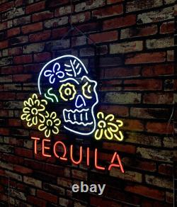 24x20 Tequila Sugar Skull Neon Light Sign Real Glass Gift Bar Window Light