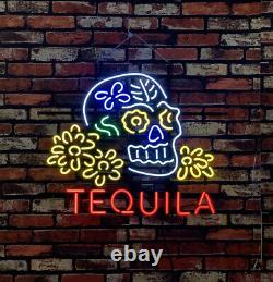 24x20 Tequila Sugar Skull Neon Light Sign Real Glass Gift Bar Window Light