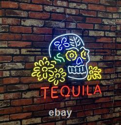 24x20 Tequila Sugar Skull Neon Light Sign Real Glass Gift Bar Window Light