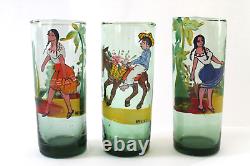 3 Mexico Tumblers Hand Made Painted Glass Barware Folk Art Burro Agave Tequila
