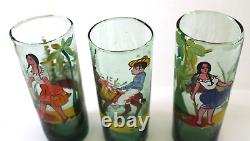 3 Mexico Tumblers Hand Made Painted Glass Barware Folk Art Burro Agave Tequila