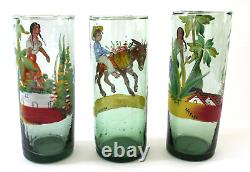 3 Mexico Tumblers Hand Made Painted Glass Barware Folk Art Burro Agave Tequila