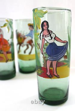 3 Mexico Tumblers Hand Made Painted Glass Barware Folk Art Burro Agave Tequila