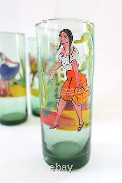 3 Mexico Tumblers Hand Made Painted Glass Barware Folk Art Burro Agave Tequila