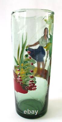 3 Mexico Tumblers Hand Made Painted Glass Barware Folk Art Burro Agave Tequila
