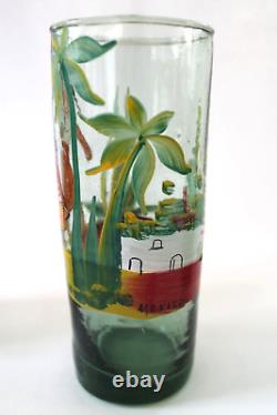 3 Mexico Tumblers Hand Made Painted Glass Barware Folk Art Burro Agave Tequila
