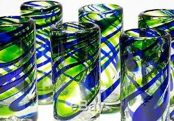 (6 Pack) Mexican Hand Blown Glass Blue/Green Shots Tequila Original Artisan