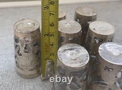 7 Vintage Sterling Silver & Glass Mexican Signed Shot Glasses Barware 50s MCM