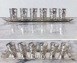 7 pc MCM vintage MEXICAN STERLING Tequila SHOT GLASS SET with TRAY flower motif