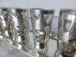 7 pc MCM vintage MEXICAN STERLING Tequila SHOT GLASS SET with TRAY flower motif