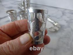 7 pc MCM vintage MEXICAN STERLING Tequila SHOT GLASS SET with TRAY flower motif
