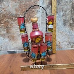 Amatitan Jalisco Mexico Decanter Tequila Bottle 6 Shot Glasses Metal Display Rac