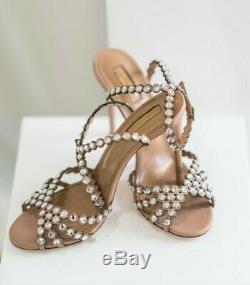 Aquazurra Tequila Leather Nude Silver Crystal High Heel Shoes Size 39.5