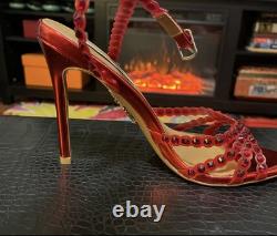 Aquazzura Tequila 105 crystal-embellished Red metallic, 7 1/2, AUTHENTIC