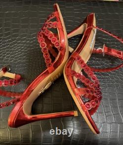 Aquazzura Tequila 105 crystal-embellished Red metallic, 7 1/2, AUTHENTIC