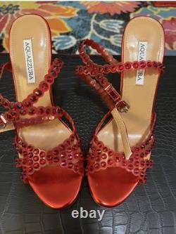 Aquazzura Tequila 105 crystal-embellished Red metallic, 7 1/2, AUTHENTIC