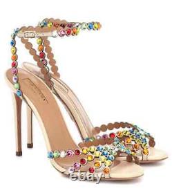 Aquazzura Tequila 105 rainbow crystal embellished leather sandals UK 5.5 / 38.5