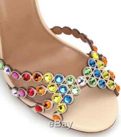 Aquazzura Tequila 105 rainbow crystal embellished leather sandals UK 5.5 / 38.5
