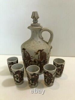 Art Pottery Tequila Bottle & 5 Cups Set, Signed, 8 1/2 Tall, 4 1/2 Widest