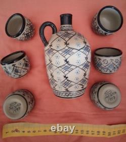 Artist Javier Servin Tequila Shot Set Jug + 6 Cup, Signed, Made In Mexico 1997