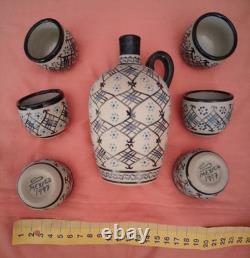 Artist Javier Servin Tequila Shot Set Jug + 6 Cup, Signed, Made In Mexico 1997