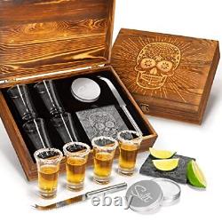 Atterstone Tequila Shot Glass Sugar Skull Wooden Box Set for Men and Women