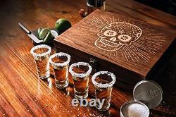Atterstone Tequila Shot Glass Sugar Skull Wooden Box Set for Men and Women