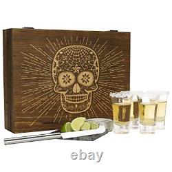 Atterstone Tequila Shot Glass Sugar Skull Wooden Box Set for Men and Women