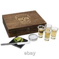 Atterstone Tequila Shot Glass Sugar Skull Wooden Box Set for Men and Women