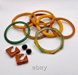 Bakelite Lot 8 Bangles (2 Etched) 2 Pr Earrings Tequila Sunrise More 95 gr JCS