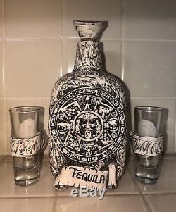 Chapala Tequila Mexican Aztec Mayan Art Decanter Bottle & Shot Glass Set RARE