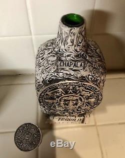 Chapala Tequila Mexican Aztec Mayan Art Decanter Bottle & Shot Glass Set RARE