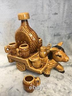 Complete Vintage Ceramic Donkey Cart Tequila Decanter Set 11 Piece Fantastic