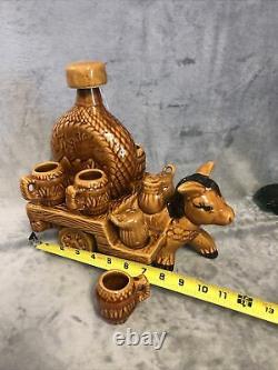 Complete Vintage Ceramic Donkey Cart Tequila Decanter Set 11 Piece Fantastic