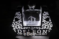 DELEON Reposado Tequila Bottle with Silver Skull & Display Stand, Sign with Light