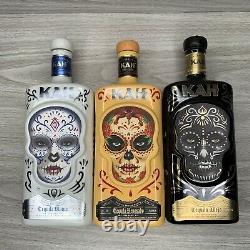 EMPTY 3 Kah Tequila Decanters Blanco Reposado Anejo Sugar Skulls Decorative