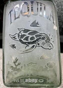 Empty Tequila Liquor Bottle Pewter Lid Engraved Sea Turtle Cancun Mexico 7.5H