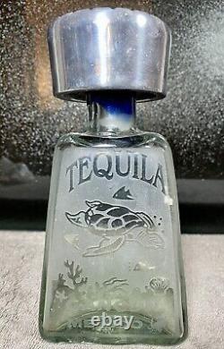 Empty Tequila Liquor Bottle Pewter Lid Engraved Sea Turtle Cancun Mexico 7.5H